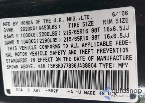 2006 Honda Cr-V Ex z USA, uszkodzony, nr VIN SHSRD77836U438904